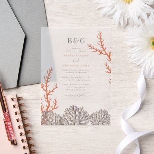 Coral Watercolor Beach Modern Wedding Vellum Invitations