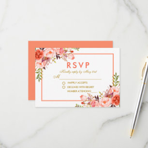 Coral Watercolor Floral Gold RSVP Wedding Card