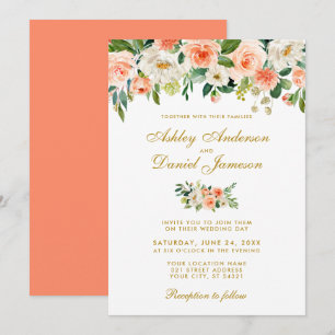 Coral Watercolor Floral Gold Wedding CB Invitation