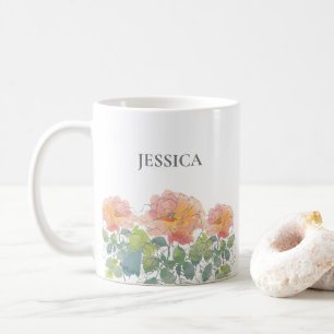Coral Watercolor Floral Green Leaves First Name Coffee Mug