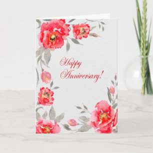 Coral Watercolor Floral Poppies Anniversary Card