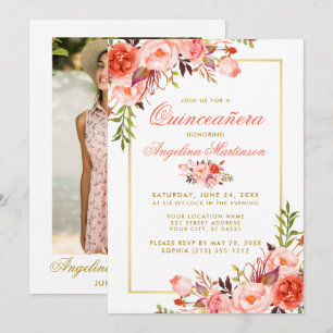 Coral Watercolor Floral Quinceanera Gold Photo Invitation