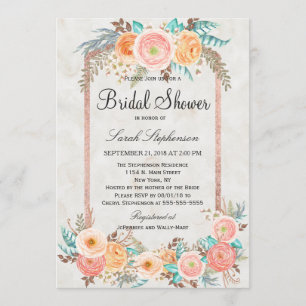 Coral Watercolor Flowers and Gold Bridal Shower Invitation
