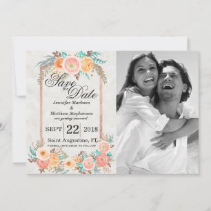 Coral Watercolor Flowers and Gold Save the Dates Save The Date