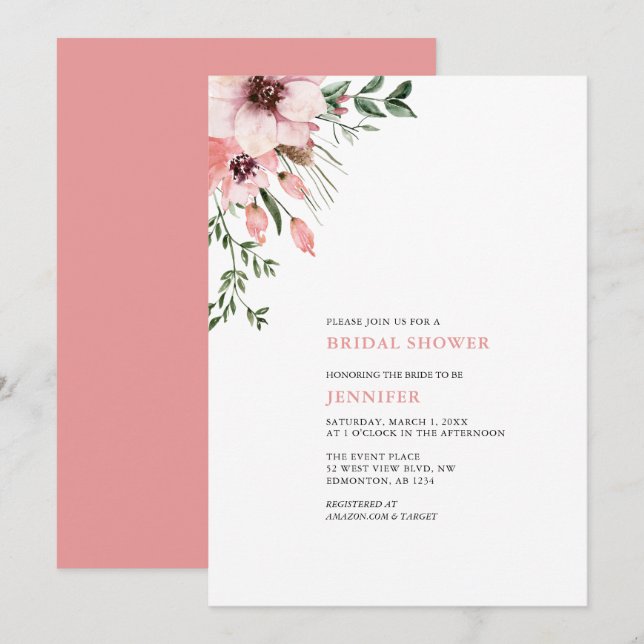 Coral Watercolor Flowers Bridal Shower Invitation (Front/Back)