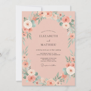 Coral Watercolor Foliage Wedding Invitation