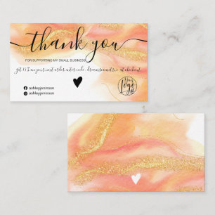 Coral watercolor gold glitter logo order thank you business card