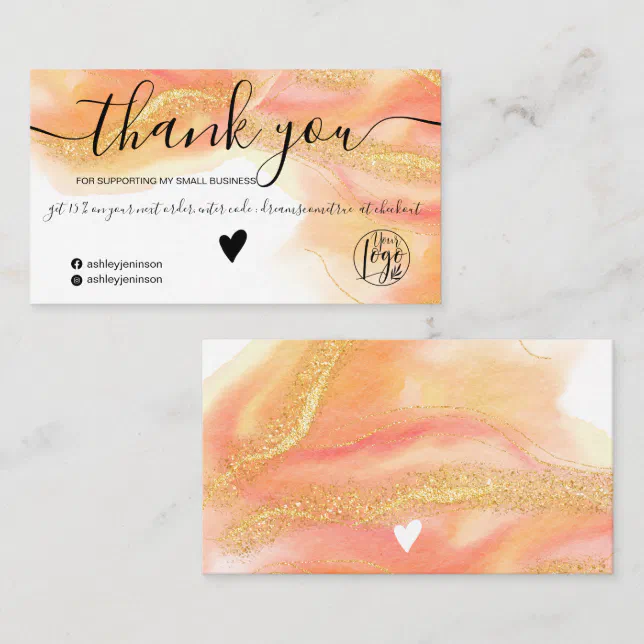 Coral watercolor gold glitter logo order thank you business card | Zazzle