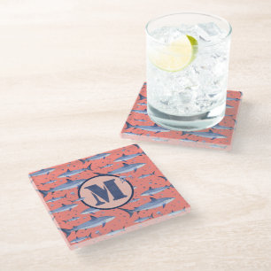 Coral Watercolor Monogram Shark Jellyfish Pattern Glass Coaster