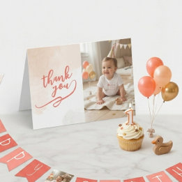 Coral Watercolor Silly Goose Girl First Birthday Thank You Card