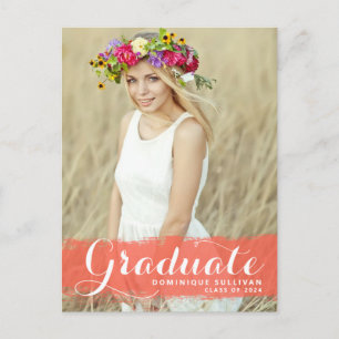 Coral Watercolor Splash Photo Graduation Postcard