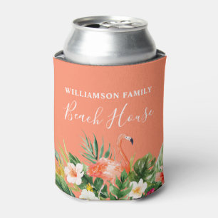 Coral Watercolor Tropical Floral Beach House Can Cooler