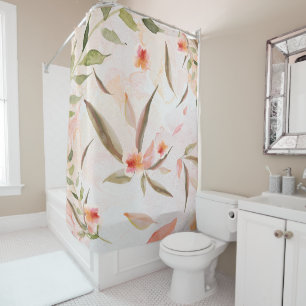 Coral Watercolor Wash Gentle Falling Flower Petals Shower Curtain