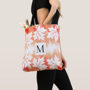 Coral watercolor wash maple leaves and monogram tote bag