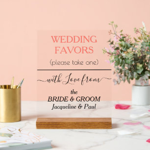 Coral Wedding Favours Typography NAMES Clear Acrylic Sign