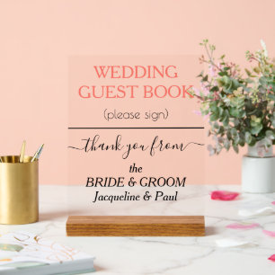 Coral Wedding Guest Book NAMES Clear Acrylic Sign