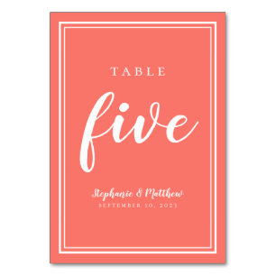 Coral Wedding Table Five Modern Typography Simple Number