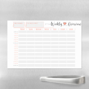 Coral Weekly planner and organiser, hour by hour Magnetic Dry Erase Sheet