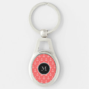 Coral White Anchors Pattern, Black Monogram Key Ring