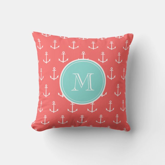 Coral White Anchors Pattern, Mint Green Monogram Cushion (Front)