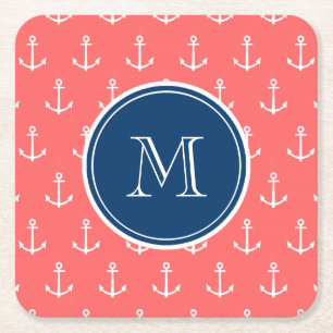 Coral White Anchors Pattern, Navy Blue Monogram Square Paper Coaster