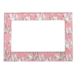 Coral, white and pink sea shells, pink background magnetic picture frame