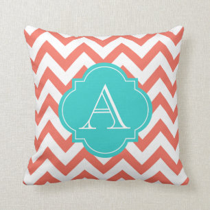 Coral & White Chevron Stripes Aqua Monogram Pillow