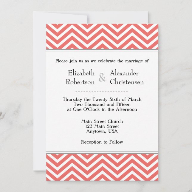 Coral White Chevron Wedding Invitation (Front)