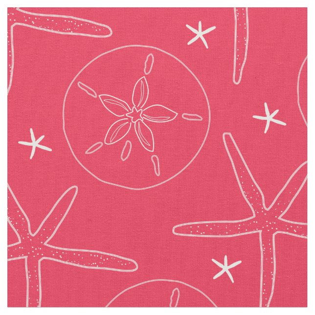Coral & White Coastal Starfish, Sand Dollar Fabric (Close Up)