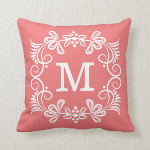 Coral White Custom Monogram Decorative Cushion