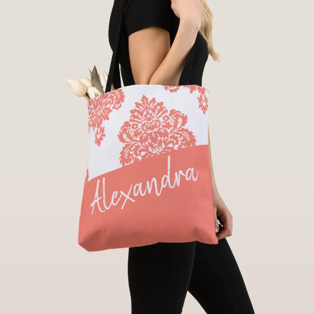 Coral White Damask Pattern Modern Personalised Tote Bag (Close Up)