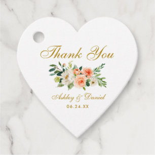 Coral White Floral Gold Wedding Thank You Heart Favour Tags