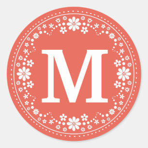 Coral White Floral Wreath Monogram Classic Round Sticker