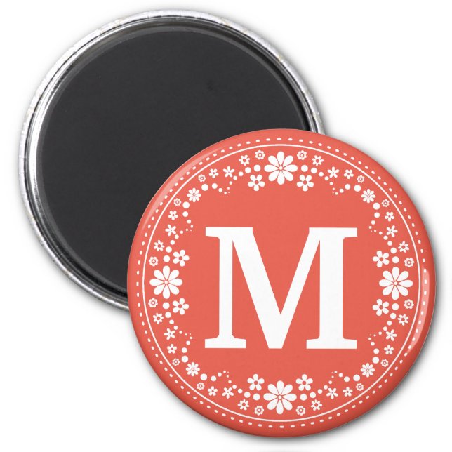 Coral White Floral Wreath Monogram Magnet (Front)