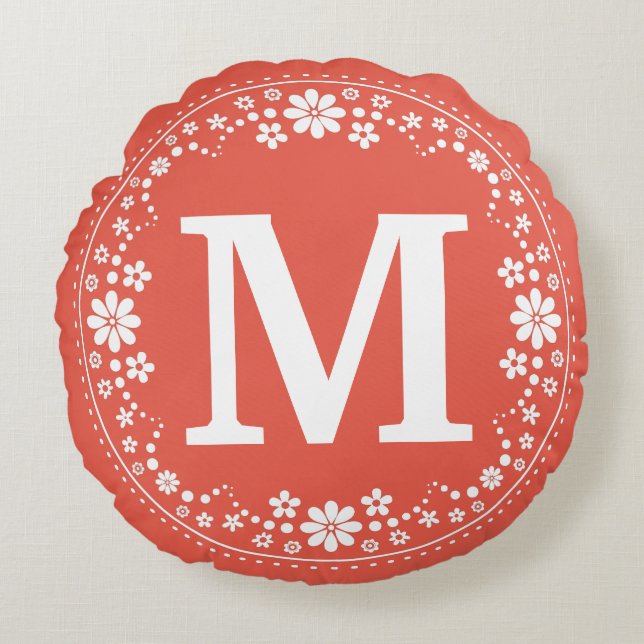 Coral White Floral Wreath Monogram Round Cushion (Front)