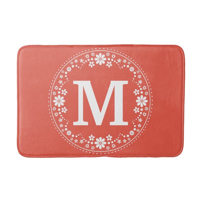 Coral White Floral Wreath Monogram Simple Pretty Bath Mat (Front)