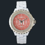 Coral White Floral Wreath Monogram Watch<br><div class="desc">This beautiful wristwatch is perfect for adding a touch of elegance to your wardrobe. It's done in a soft coral colour with a white garland of flowers and dots in a stencil look, with white numbers to match. Add your monogram letter to personalise. You can also customise the coral colour...</div>