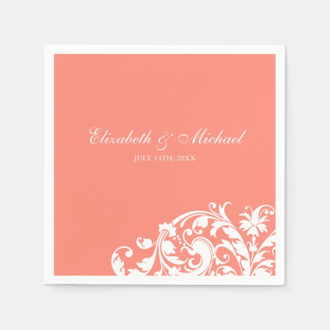 Coral White Flourish Swirl Personalised Wedding Napkin (Front)