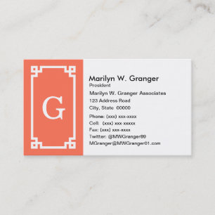 Coral White Greek Key Frame #2 Initial Monogram Business Card