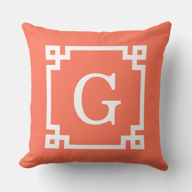 Coral White Greek Key Frame #2 Initial Monogram Cushion (Front)