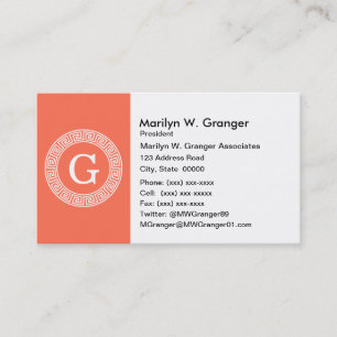 Coral White Greek Key Rnd Frame Initial Monogram Business Card