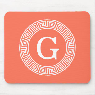 Coral White Greek Key Rnd Frame Initial Monogram Mouse Pad