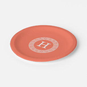 Coral White Greek Key Rnd Frame Initial Monogram Paper Plate