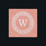 Coral White Greek Key Rnd Frame Initial Monogram Stone Magnet<br><div class="desc">Coral and White Greek Key Round Framed Initial Monogram A stylish solid background with a white Greek Key frame area for your monogram, name or other text. You can also change the text font, change the font size and colour, move the text, adjust the size of the frame, etc. If...</div>
