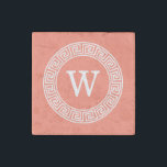 Coral White Greek Key Rnd Frame Initial Monogram Stone Magnet<br><div class="desc">Coral and White Greek Key Round Framed Initial Monogram A stylish solid background with a white Greek Key frame area for your monogram, name or other text. You can also change the text font, change the font size and colour, move the text, adjust the size of the frame, etc. If...</div>