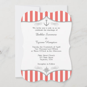 Coral White Grey Nautical Wedding Invitation
