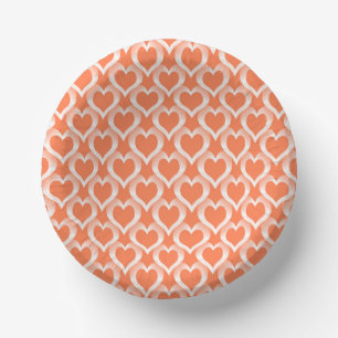 Coral White Hearts Pattern Paper Plate