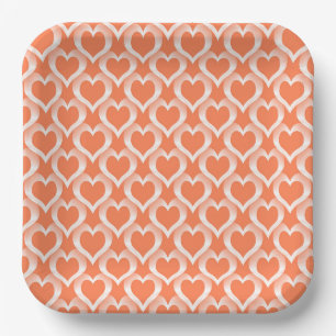 Coral White Hearts Pattern Paper Plate