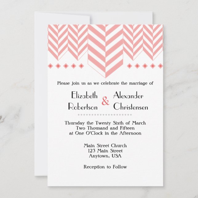 Coral White Herringbone Wedding Invitation (Front)