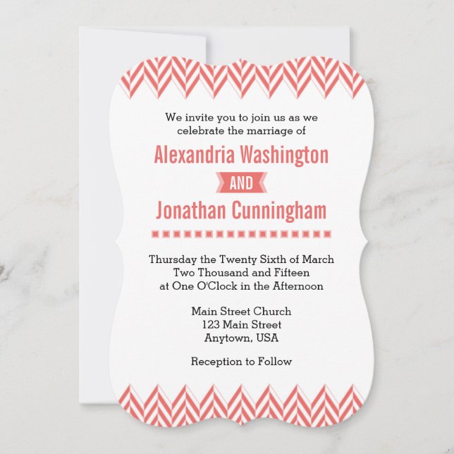 Coral White Herringbone Wedding Invitation (Front)